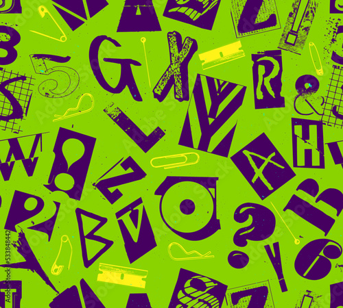 Punk seamless vector pattern alphabet typography composition with pins and clips in the style of grunge and punk design in black on green colored background.