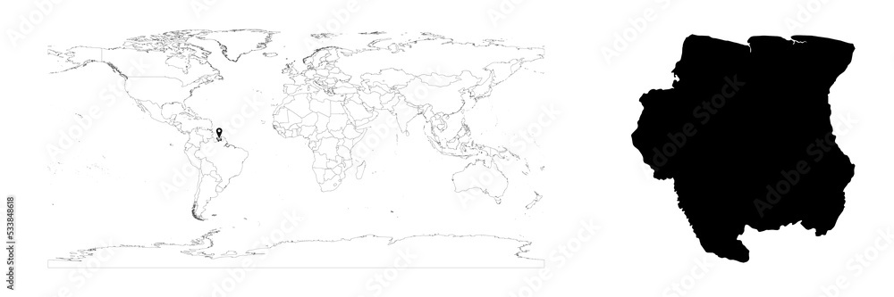 Vector Suriname map showing country location on world map and solid map for Suriname on white background. File is suitable for digital editing and prints of all sizes.