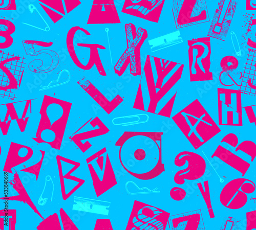 Punk seamless vector pattern alphabet typography composition with pins and clips in the style of grunge and punk design in fuchsia color on blue background.