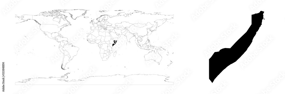 Vector Somalia map showing country location on world map and solid map for Somalia on white background. File is suitable for digital editing and prints of all sizes.