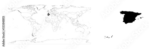 Vector Spain map showing country location on world map and solid map for Spain on white background. File is suitable for digital editing and prints of all sizes.
