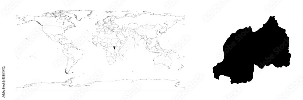 Vector Rwanda map showing country location on world map and solid map for Rwanda on white background. File is suitable for digital editing and prints of all sizes.