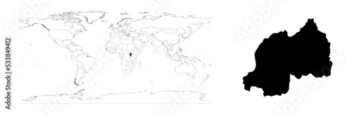 Vector Rwanda map showing country location on world map and solid map for Rwanda on white background. File is suitable for digital editing and prints of all sizes.