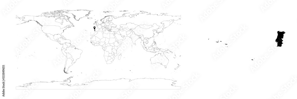 Vector Portugal map showing country location on world map and solid map for Portugal on white background. File is suitable for digital editing and prints of all sizes.