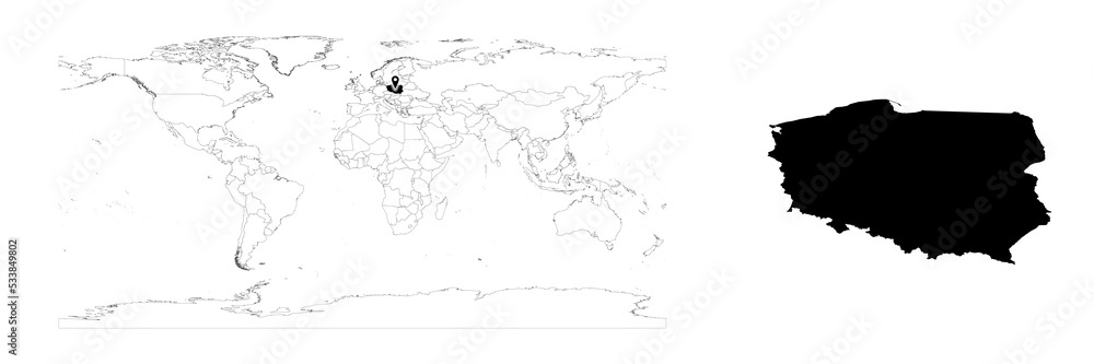Vector Poland map showing country location on world map and solid map for Poland on white background. File is suitable for digital editing and prints of all sizes.