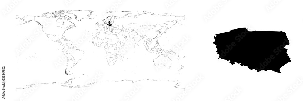 Vector Poland map showing country location on world map and solid map for Poland on white background. File is suitable for digital editing and prints of all sizes. Vector Poland map showing country location on world map and solid map for Poland on white background. File is suitable for digital editing and prints of all sizes.