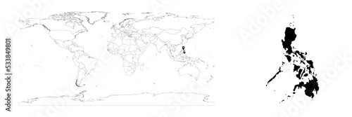 Vector Philippines map showing country location on world map and solid map for Philippines on white background. File is suitable for digital editing and prints of all sizes.