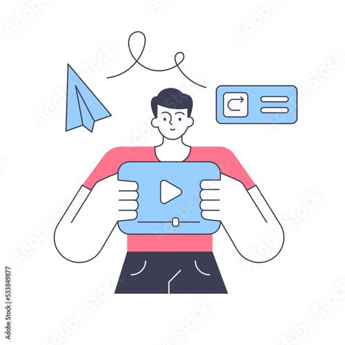 Male blogger vlogger video content broadcasting social media marketing technology vector flat