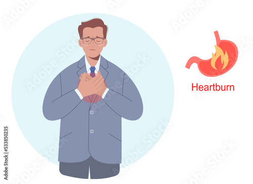 Man having heartburn, gastritis or stomach problem. Stomach acid reflux disease and digestive system problem.