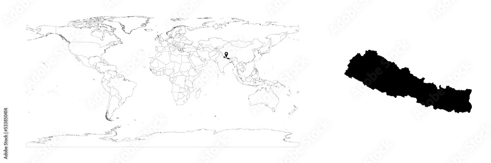 Fototapeta premium Vector Nepal map showing country location on world map and solid map for Nepal on white background. File is suitable for digital editing and prints of all sizes.