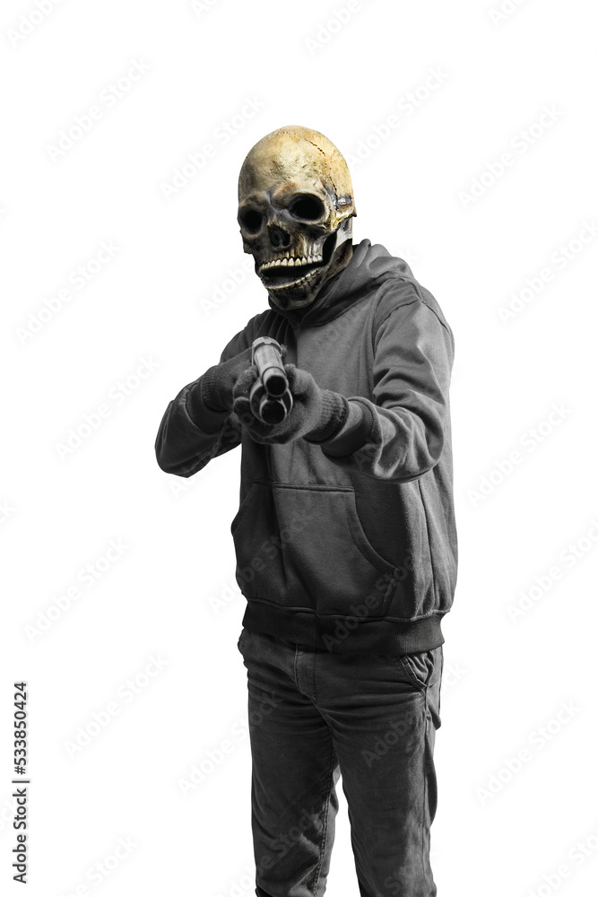 Man with a skull head costume for Halloween holding gun Man with a skull head costume for Halloween holding gun
