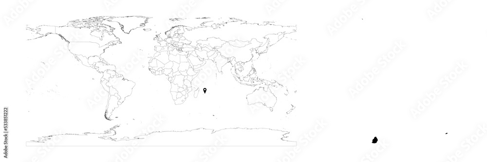 Vector Mauritius map showing country location on world map and solid map for Mauritius on white background. File is suitable for digital editing and prints of all sizes.