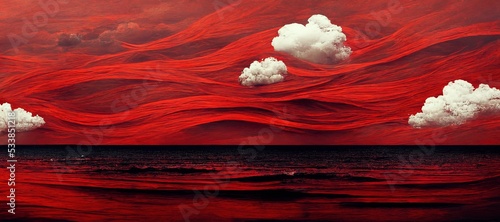Stampa su tela Bizarre minimalist seascape, cold waves of nothingness with vast horizon of empty loneliness, odd surreal encircling silk fabric folds - bloody rage red and captive ice blue contrast