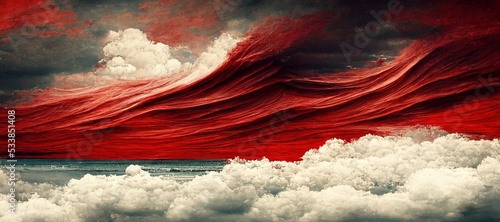 Bizarre minimalist seascape, cold waves of nothingness with vast horizon of empty loneliness, odd surreal encircling silk fabric folds - bloody rage red and captive ice blue contrast.