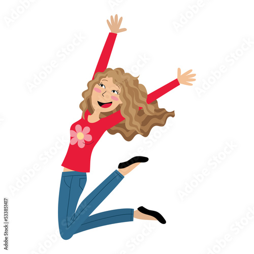 Happy blond hair girl jumping with a big laugh and arms in the air, vector illustration