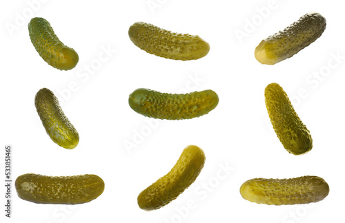 Set with tasty pickled cucumbers on white background