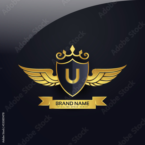 Luxury royal wing Letter U crest Gold colour, Victory logo, crest logo, wing logo, vector logo template