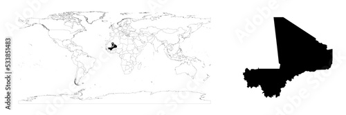Vector Mali map showing country location on world map and solid map for Mali on white background. File is suitable for digital editing and prints of all sizes.