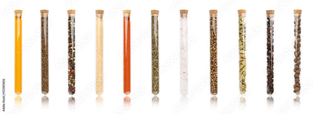 Set of glass tubes with different spices on white background. Banner design Set of glass tubes with different spices on white background. Banner design
