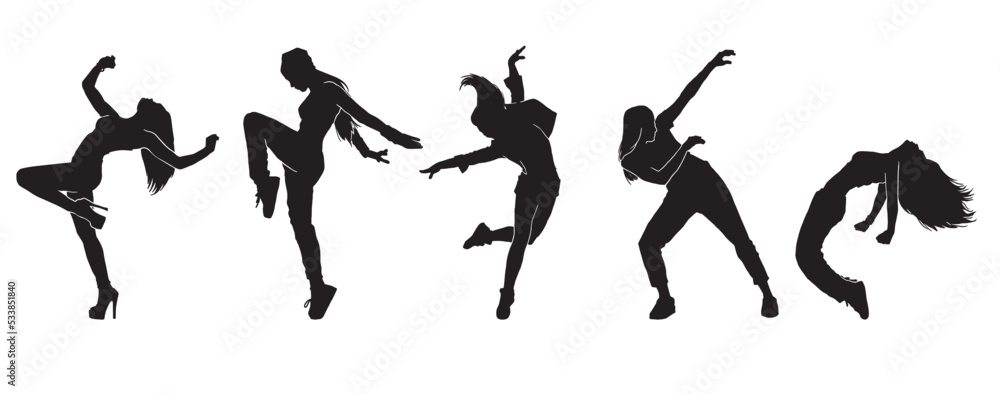 Set of silhouette of a woman dancing. Silhouettes of sexy beautiful women dancing