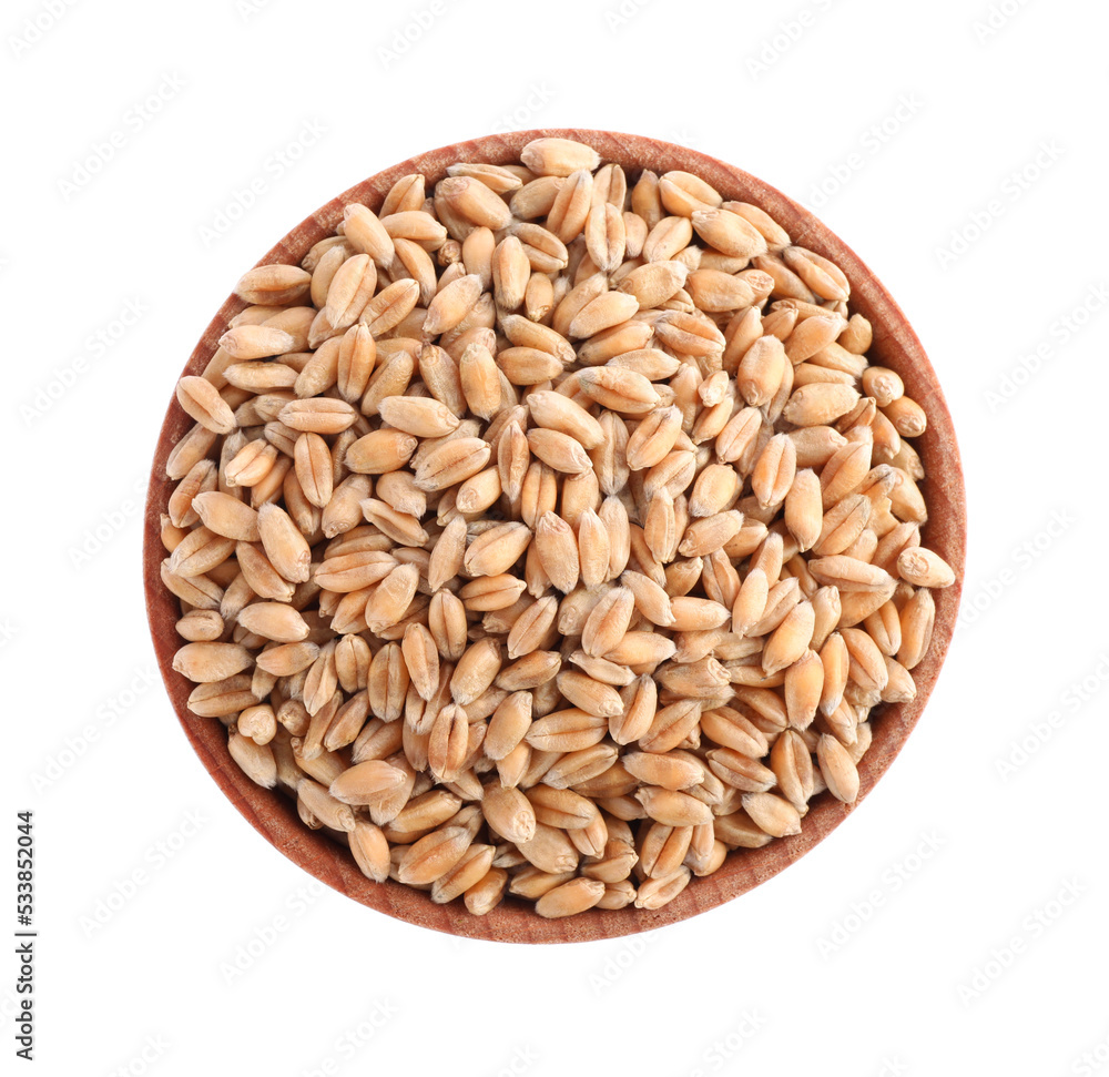 Wheat grains in wooden bowl isolated on white, top view Wheat grains in wooden bowl isolated on white, top view