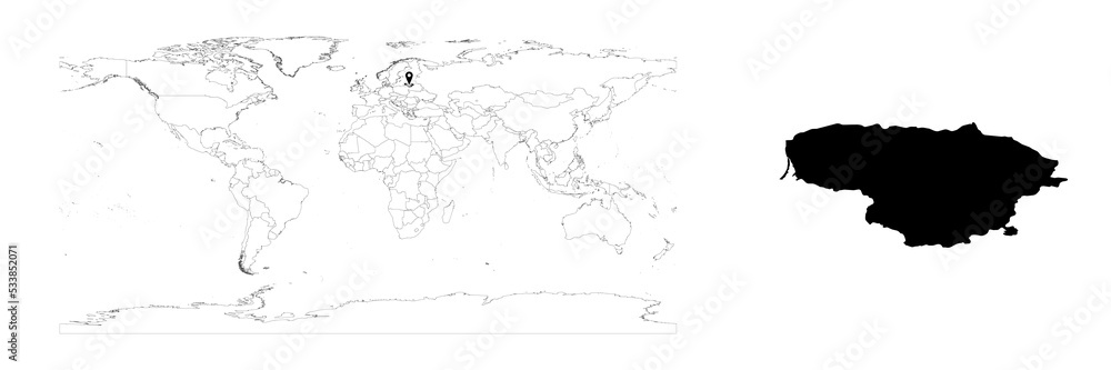 Vector Lithuania map showing country location on world map and solid map for Lithuania on white background. File is suitable for digital editing and prints of all sizes.