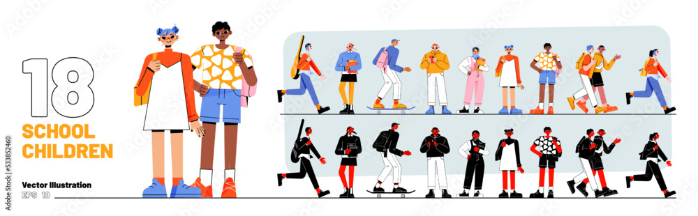Set of school children, students, multicultural young girls and boys with backpacks holding books and smartphones. Happy diverse teenagers characters in casual clothes, Linear flat vector illustration