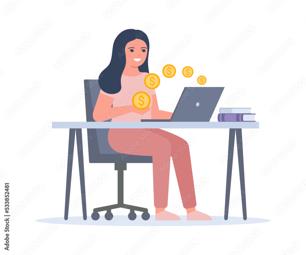 Financial success in online work, getting money on computer. Passive income, internet salary. Woman receives coins fly out of computer. Easy earning money. Vector illustration Financial success in online work, getting money on computer. Passive income, internet salary. Woman receives coins fly out of computer. Easy earning money. Vector illustration