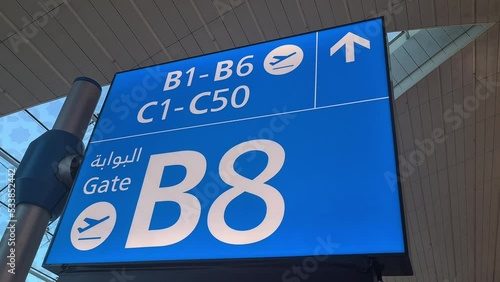 B8 Gate Sign and Directions on Abu Dhabi International Airport UAE, Close Up photo