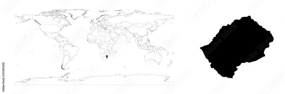 Vector Lesotho map showing country location on world map and solid map for Lesotho on white background. File is suitable for digital editing and prints of all sizes.