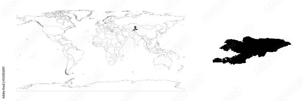 Vector Kyrgyzstan map showing country location on world map and solid map for Kyrgyzstan on white background. File is suitable for digital editing and prints of all sizes.