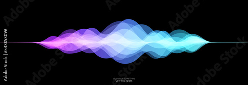 Abstract motion sound wave equalizer colorful gradient purple blue isolated on black background. Vector illustration in concept of sound, voice, music