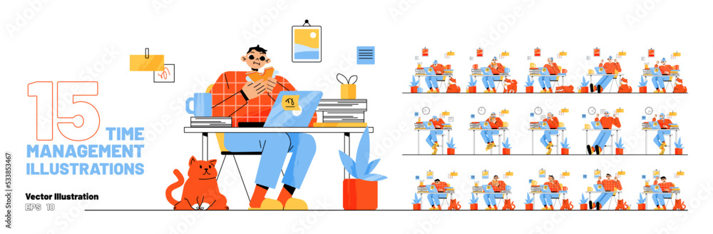 Set office worker time management, emotions and activities. Man and woman sitting at desk work on laptop, eating lunch, sleeping, manager expression and lifestyle, Linear flat vector illustration