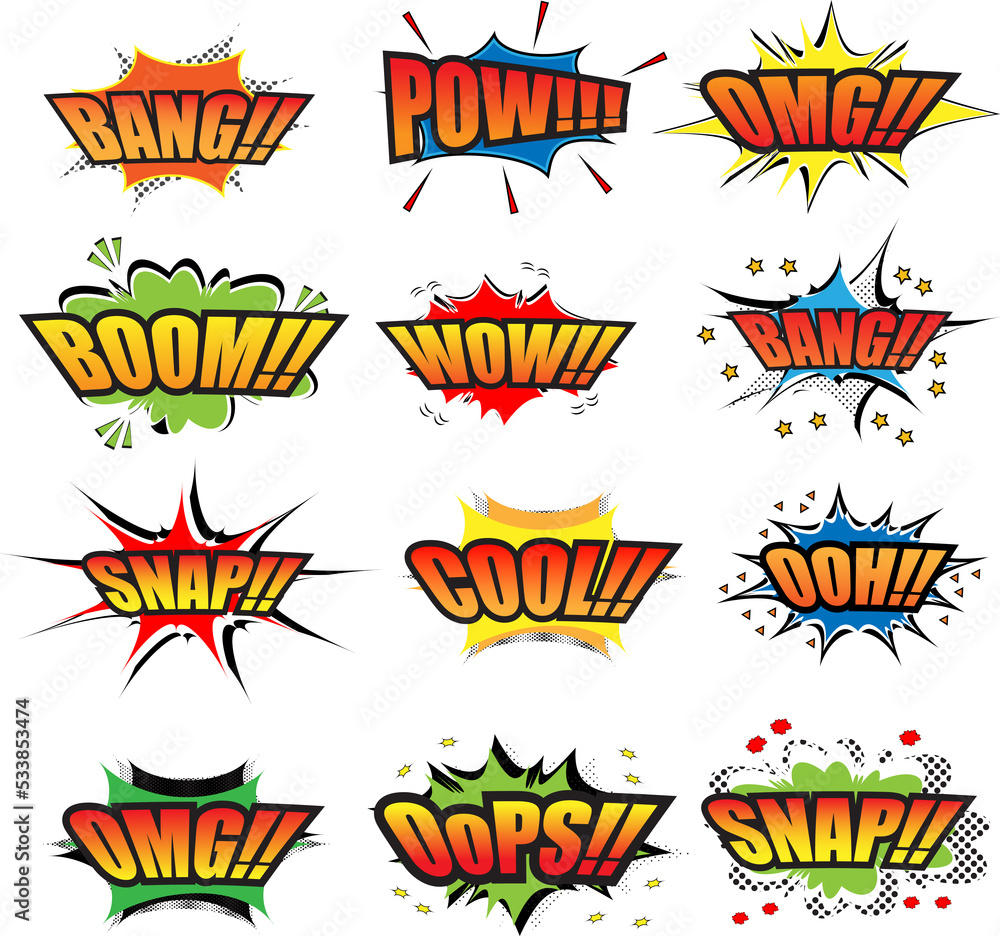 Comic collection colored sound effects words pop art vector style. Set comic bubble speech word comic cartoon expression illustration. Lettering phrase. - obrazy, fototapety, plakaty 