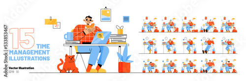 Set office worker time management, emotions and activities. Man and woman sitting at desk work on laptop, eating lunch, sleeping, manager expression and lifestyle, Linear flat vector illustration