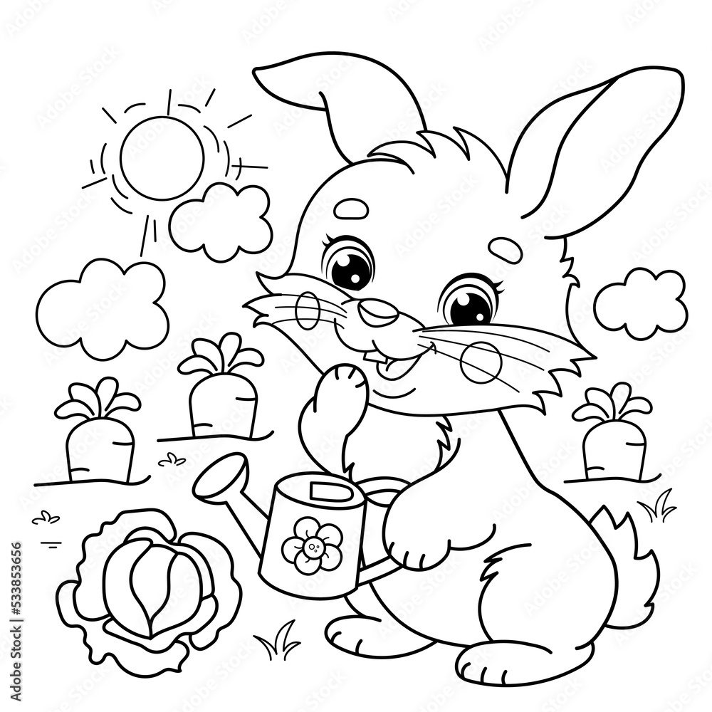 Coloring Page Outline Of cartoon cute bunny or rabbit with a watering ...