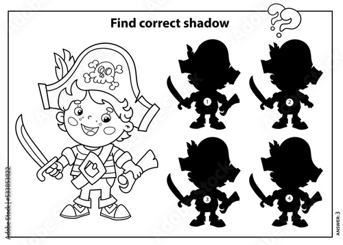 Puzzle Game for kids. Find correct shadow. Coloring Page Outline Of Cartoon pirate with saber and with map of treasure. Coloring book for children.