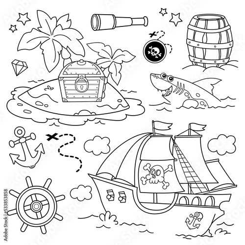 Cartoon set for pirate party for kids. Pirate ship with skull in sea. Treasure chest. Closed coffer with lock. Island of treasure and shark. Coloring book for kids.