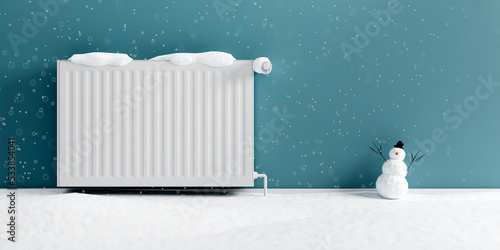 Radiator with snow and a snowman in a room