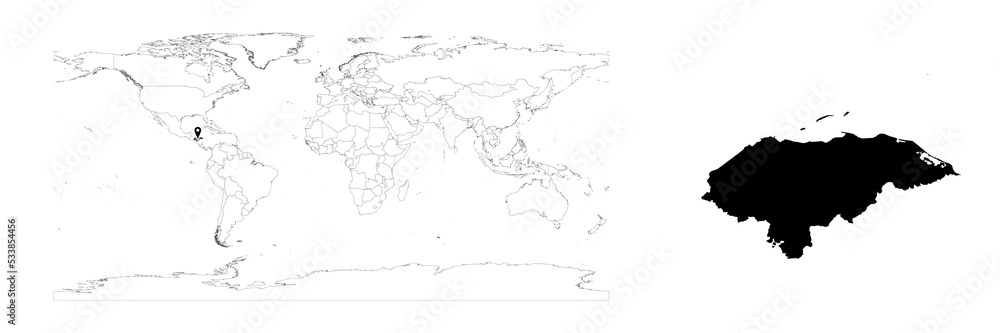 Vector Honduras map showing country location on world map and solid map for Honduras on white background. File is suitable for digital editing and prints of all sizes. Vector Honduras map showing country location on world map and solid map for Honduras on white background. File is suitable for digital editing and prints of all sizes.