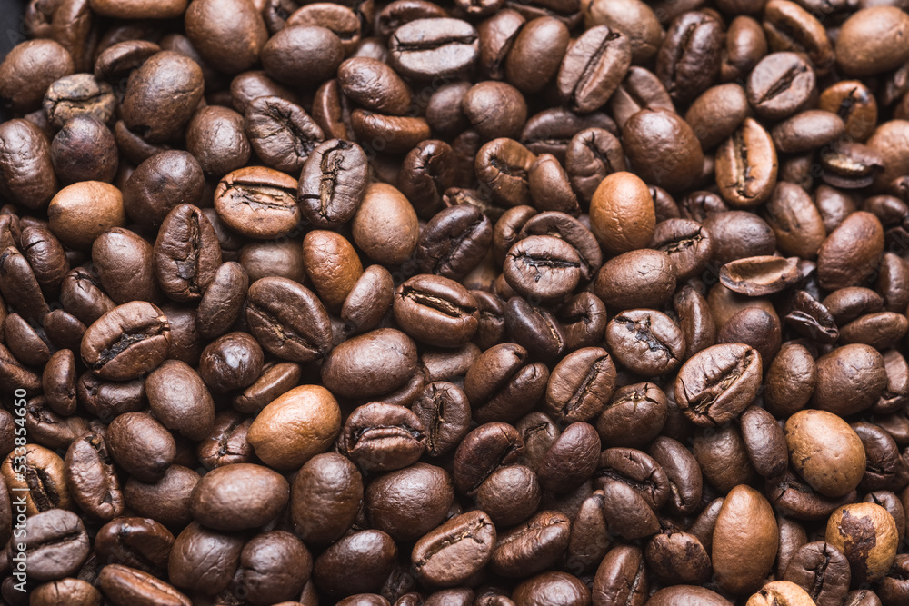 Fototapeta premium Coffee beans background wallpaper, top view flat lay