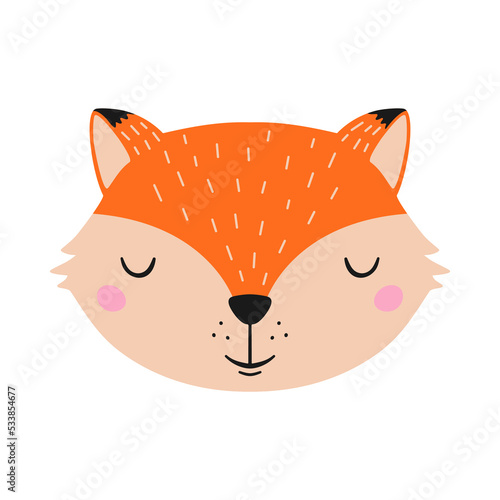 Cute fox baby sleeping. Vector illustration, isolated on a white background. Scandinavian cartoon style flat design. Concept for children print.