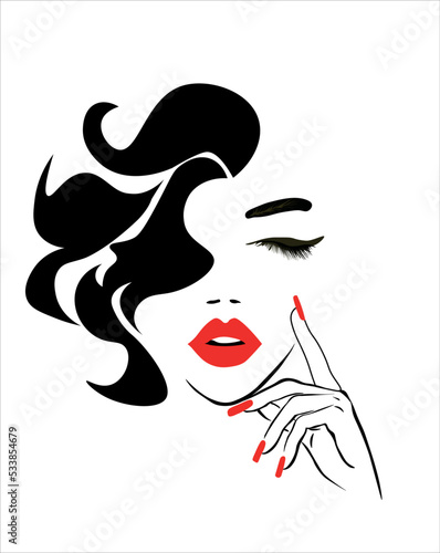 woman with hair. Woman face. Hair stile icon.  Sexy woman face, curly black hair style. Woman portrait with hand 