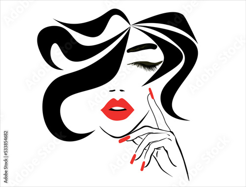 face, red lips, hand with red manicure nails. Hair style vector. Outline face with red lips and nails. Beautiful girl with long hair