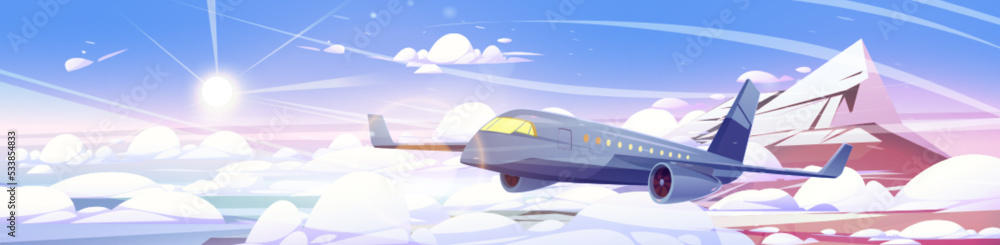 Plane flying in clouds above mountain peak in blue and pink sky. Air transportation service, airplane flight, travel, aviation, charter passenger jet, summer vacation, Cartoon vector illustration
