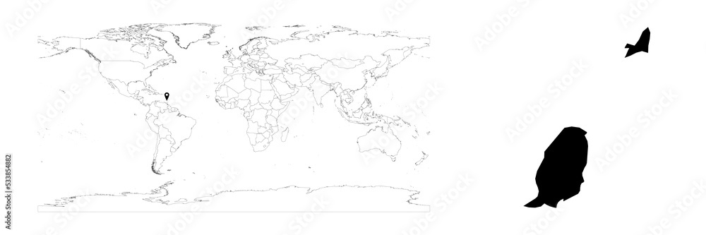 Vector Grenada map showing country location on world map and solid map for Grenada on white background. File is suitable for digital editing and prints of all sizes.