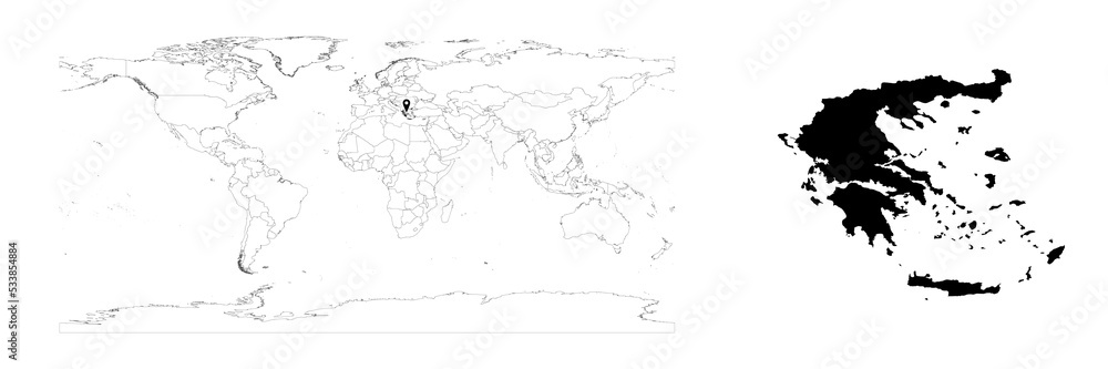 Vector Greece map showing country location on world map and solid map for Greece on white background. File is suitable for digital editing and prints of all sizes. Vector Greece map showing country location on world map and solid map for Greece on white background. File is suitable for digital editing and prints of all sizes.