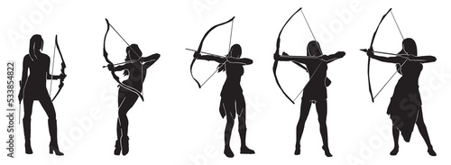 Set of archer Silhouette, a female warrior character design. Silhouette Girl Archer with a dynamic style and pulls an arrow that is ready to be released, Amazon Female Warrior, leather armor.