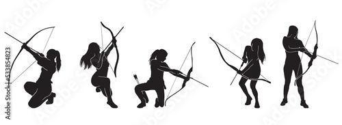 Set of archer Silhouette, a female warrior character design. Silhouette Girl Archer with a dynamic style and pulls an arrow that is ready to be released, Amazon Female Warrior, leather armor.