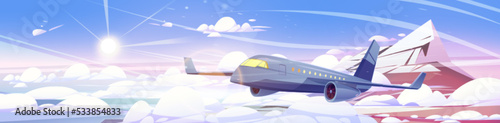 Plane flying in clouds above mountain peak in blue and pink sky. Air transportation service, airplane flight, travel, aviation, charter passenger jet, summer vacation, Cartoon vector illustration